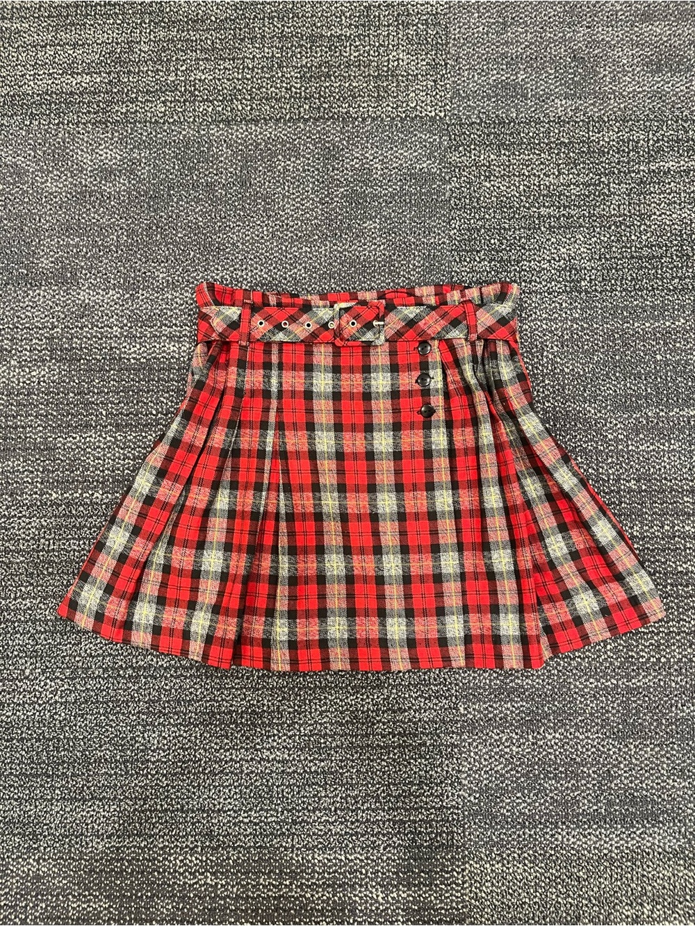 Toska Pleated Wrap Mini Skirt w/ Belt and Button Front - Red/Black Plaid